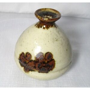 Studio Art Pottery Bud Vase Weed Pot - Earthy Brown Florals on Beige 4.5 inches